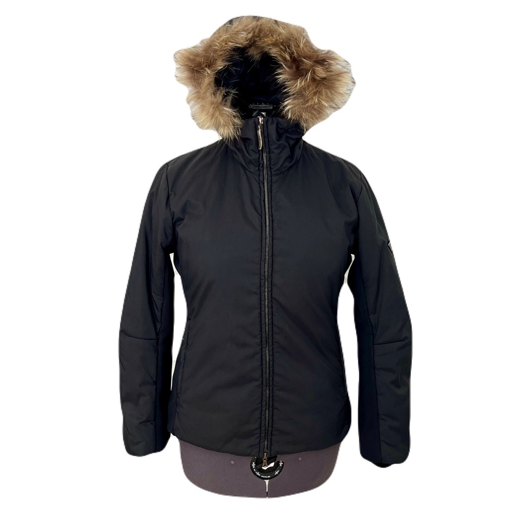 Post Card Black Hooded Fur Trim Ski Jacket, Size 8